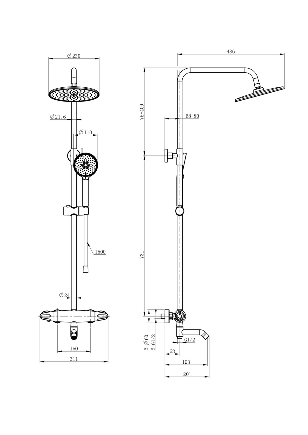 Душевая система с термостатом WONZON & WOGHAND CAPSULE, Хром (WW-B3031-A1-CR)