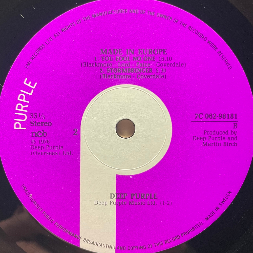 Deep Purple ‎– Made In Europe (Швеция 1976г.)