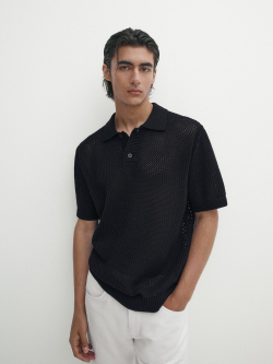 Massimo Dutti Свитер поло из фактурной ткани с короткими рукавами, темно-синий