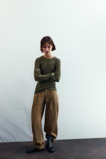 ZARA МЯГКАЯ ФУТБОЛКА В РУБЧИК, ТЕМНО-ЗЕЛЕНЫЙ