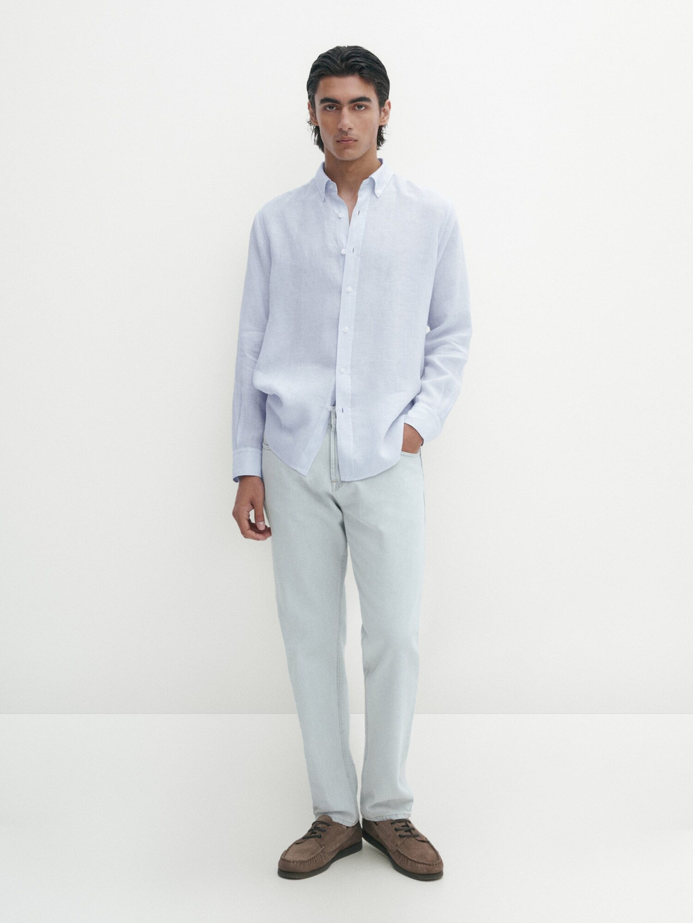 Massimo Dutti Рубашка облегающего кроя изо льна в полоску, небесно-голубой