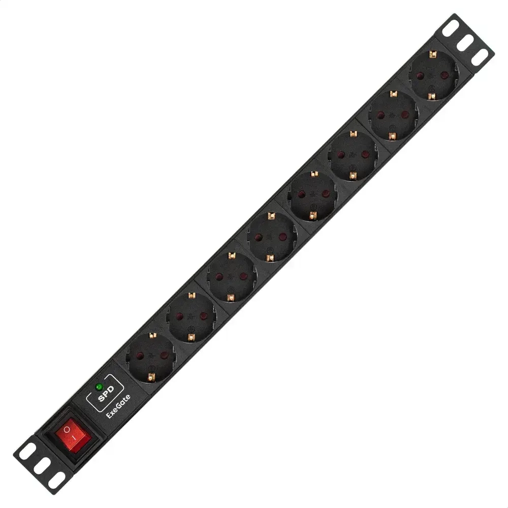 Блок розеток горизонтальный ExeGate ServerPro PDU-19H807 Al-8S-EU2-SW-SPD1 19", 1U, Алюминий 8 Schuko, кабель с евровилкой 2 метра выкл. с подсветкой SPD1, черный