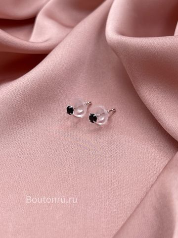 Серьги гвоздики серебристые с черным стразом