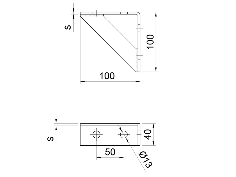 ТМС Strut уголок 90°, 4 отв., s-5 мм, 100х100мм усиленный (оцинк.)