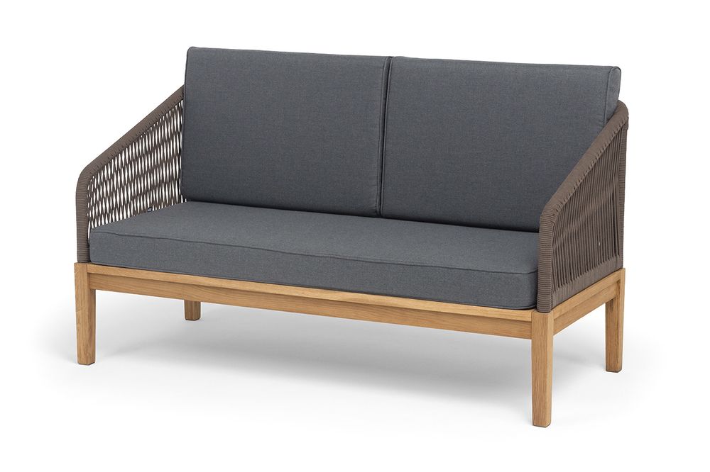 "Канны" диван 2-местный плетеный из роупа, основание дуб, роуп коричневый круглый, ткань темно-серая 027