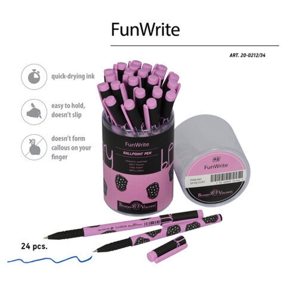 Ручка шариковая BRUNO VISCONTI FunWrite, СИНЯЯ, "Ягоды. Графика. Ежевика", линия письма 0,38 мм, 20-0212/97