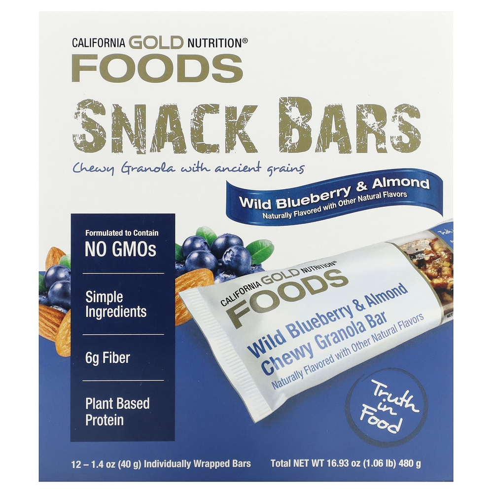 California Gold Nutrition, Foods, жевательные батончики-мюсли с дикой голубикой и миндалем, 12 шт. по 40 г (1,4 унции)