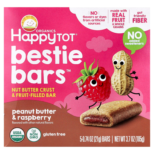 Happy Family Organics, Happy Tot®, Bestie Bars™, арахисовая паста и малина, 5 батончиков по 21 г (0,74 унции)