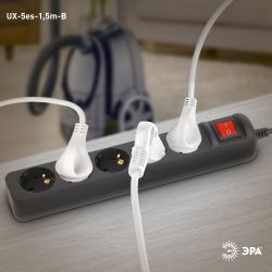 Удлинитель электрический ЭРА UX-5es-1,5m-B с заземлением с выключателем 5 розеток 1,5м ПВС 3x0,75мм2 черный | Бытовые удлинители