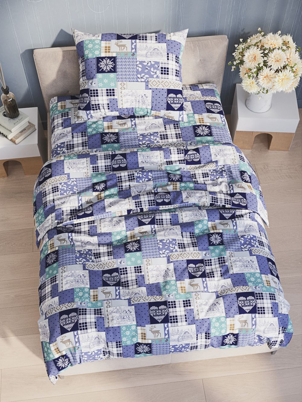 Простынь на резинке перкаль Сказка "Зимний пейзаж" 90x200 см