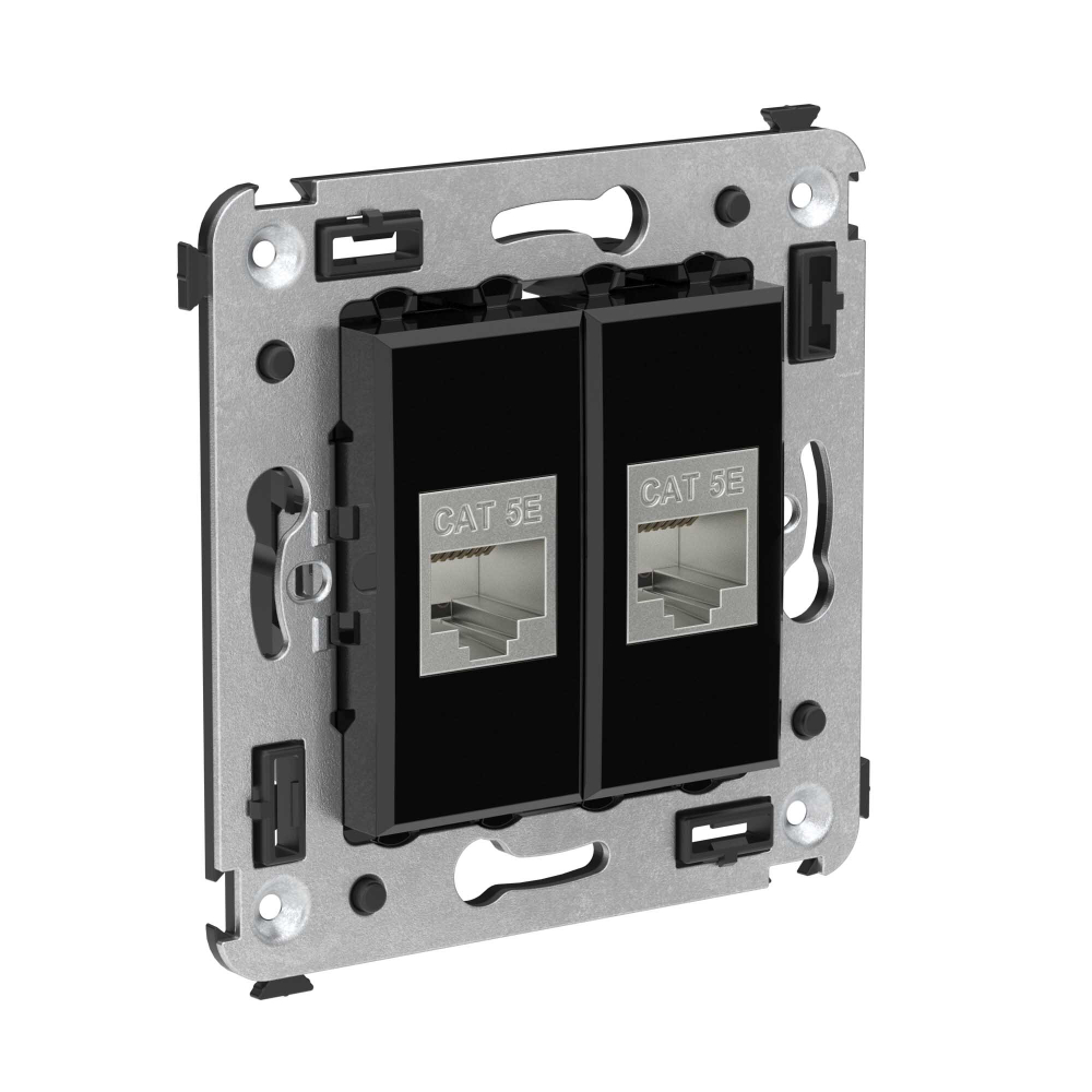Компьютерная розетка RJ-45 без шторки в стену, кат.5e двойная экранированная, "Avanti", "Черный квадрат"