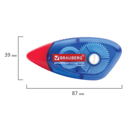 Корректирующая лента BRAUBERG 5 мм х 8 м, корпус синий, механизм перемотки, блистер, 227801