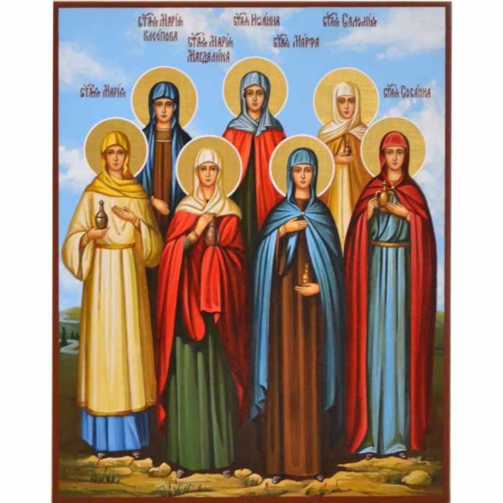Жены Мироносицы. Рукописная икона на живописном фоне.