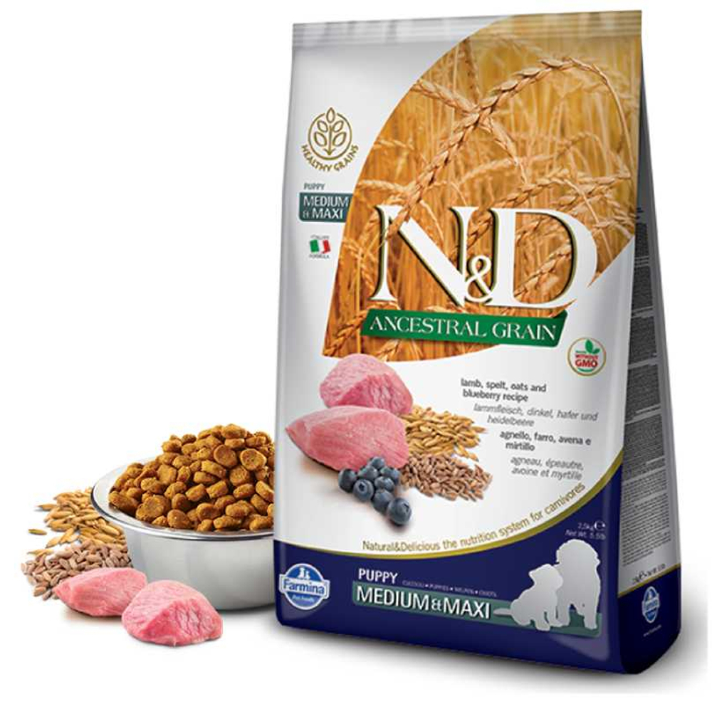 Сухой корм FARMINA N&D Ancestral Grain Puppy Medium&Maxi для щенков средних и крупных пород с ягненком и черникой - 2,5 кг