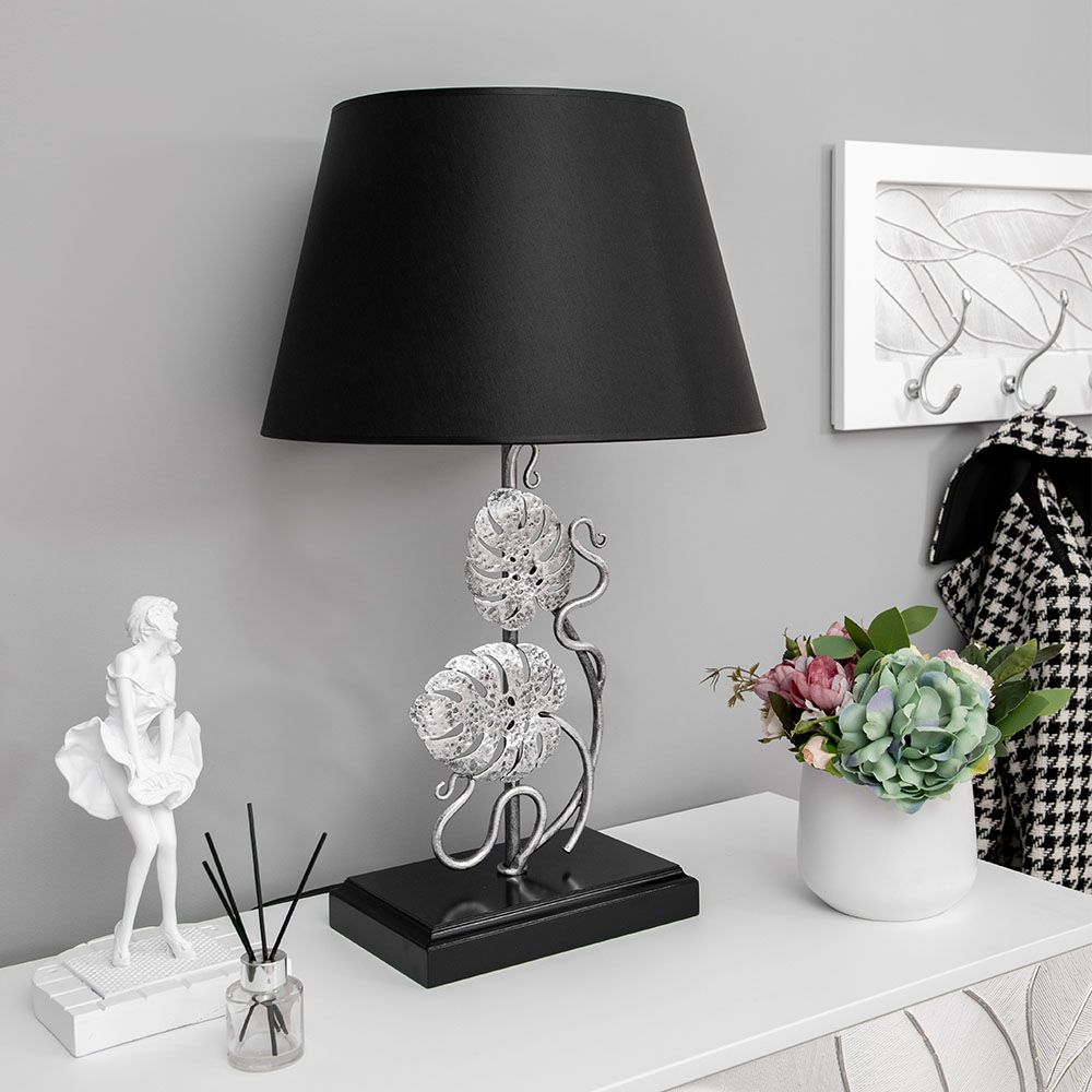 Настольная лампа Monstera Deliciosa (Монстера) Черный Античное серебро с абажуром Сити Черный