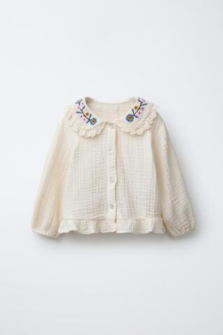 ZARA РУБАШКА С ВЫШИВКОЙ «ЦВЕТЫ», ЭКРЮ