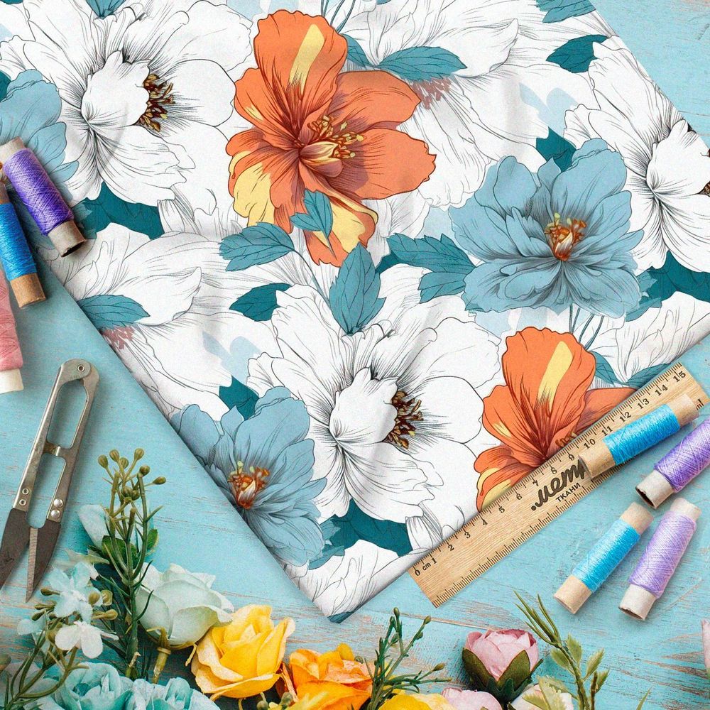 Ткань премиум атлас цветочные яркие акценты