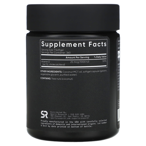 Sports Research, витамин D3, высокоактивный, 25 мкг (1000 МЕ), 360 мягких таблеток