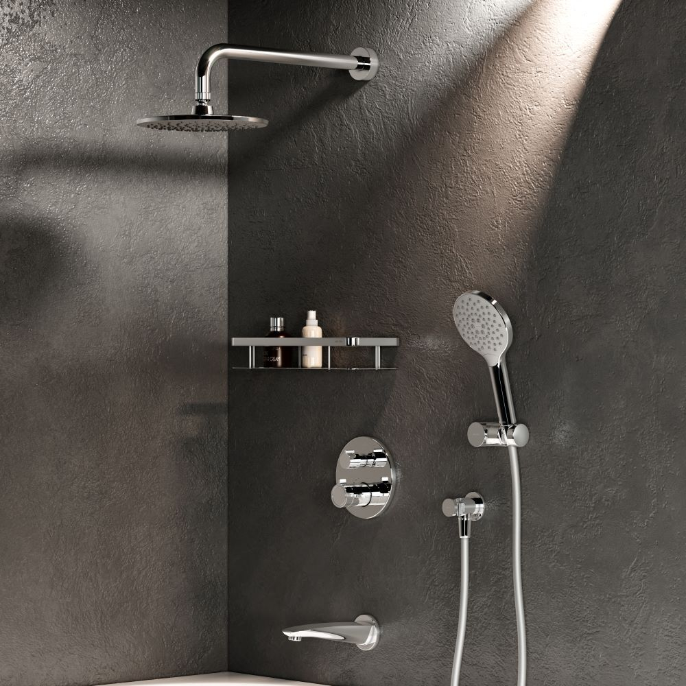 Набор: смеситель для ванны и душа с термостатом, верхний душ с держателем, излив, душевой набор и шланговое присоединение AM.PM X-Joy FT85A3RH10