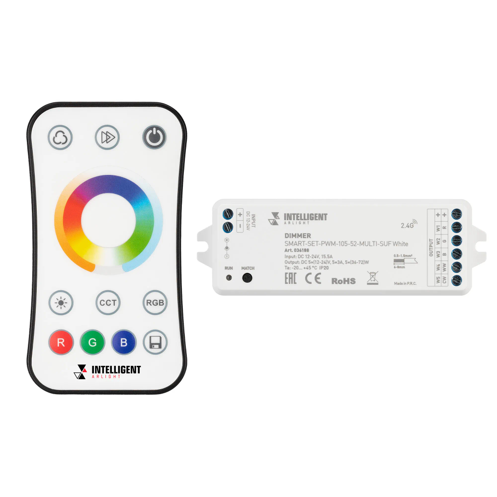 INTELLIGENT ARLIGHT Диммер SMART-SET-PWM-105-52-MULTI-SUF White (12-24V, 5x3A, ПДУ RING 10кн, 2.4G) (IARL, Контроллер) 036188