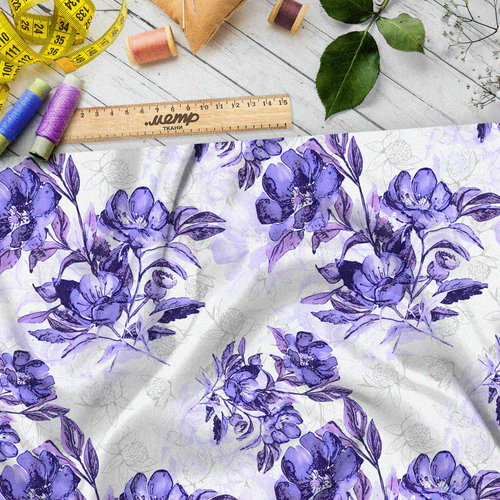 Ткань муслин фиолетовые цветы, нарисованные акварелью