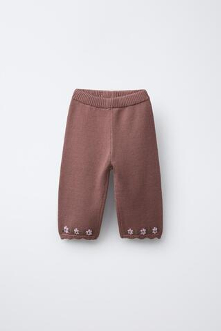 ZARA ПРЯМЫЕ ТРИКОТАЖНЫЕ БРЮКИ С ВЫШИВКОЙ, РОЗОВЫЙ/ЛИЛОВЫЙ