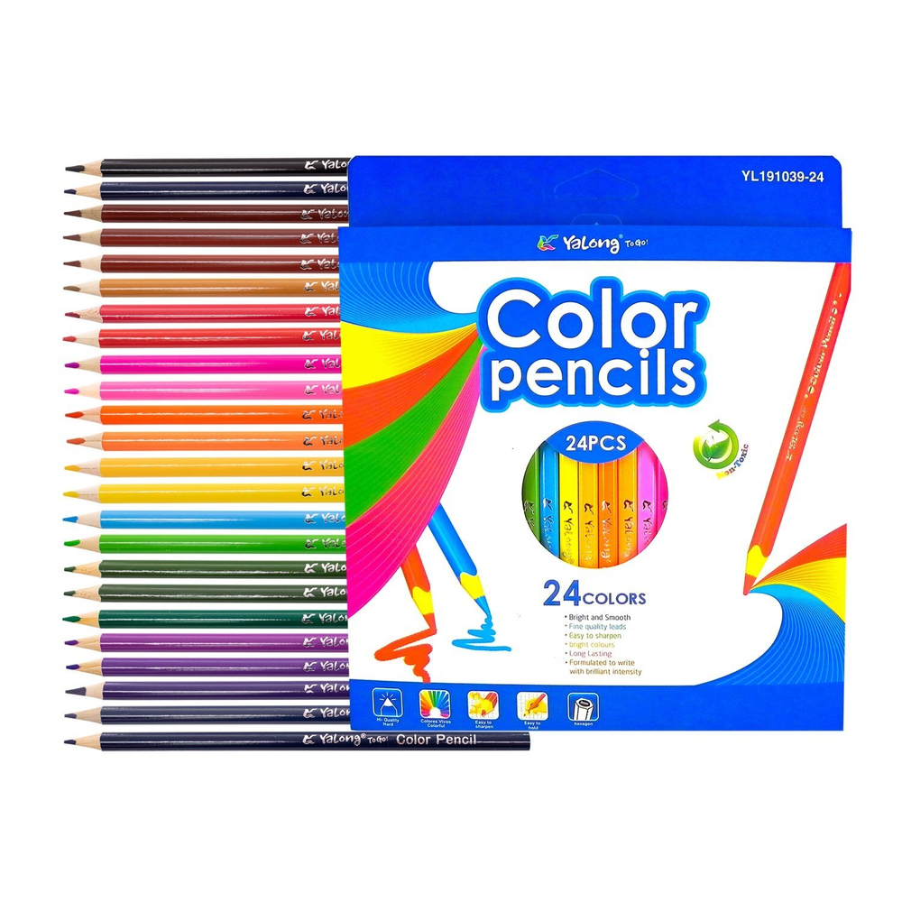 Карандаши цветные Yalong 24 цв., "Mix" деревянные, трехгранные, заточенные, грифель 3.0 мм, картон. уп., европодвес