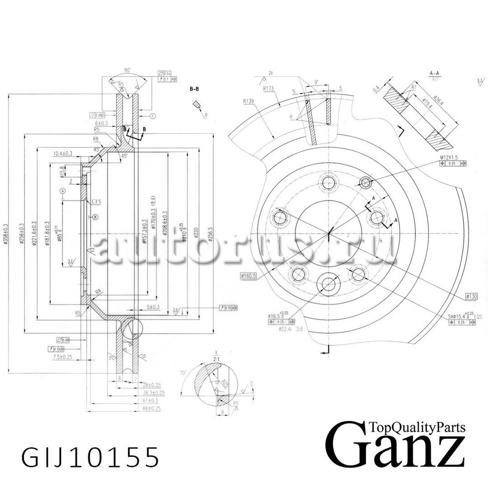Диск тормозной задний перфорированный PRO-LINE с покрытием (комплект 2 шт) AUDI Q7 06->/CAYENNE/TOUAREG 03-> /VENT.D=358MM GANZ GIJ10155S