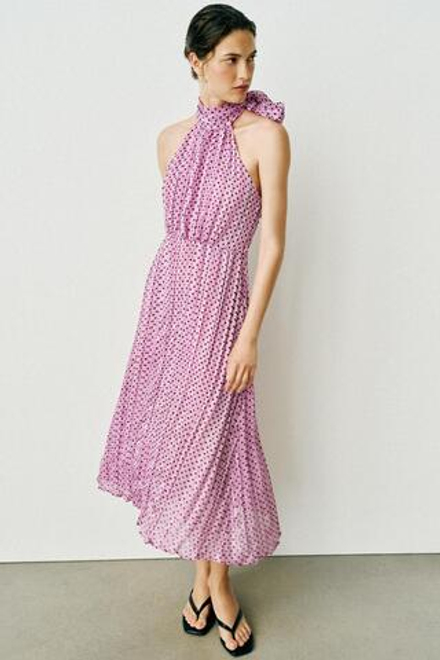 ZARA ПЛАТЬЕ МИДИ В ГОРОШЕК С БАНТОМ, РОЗОВЫЙ/ЛИЛОВЫЙ