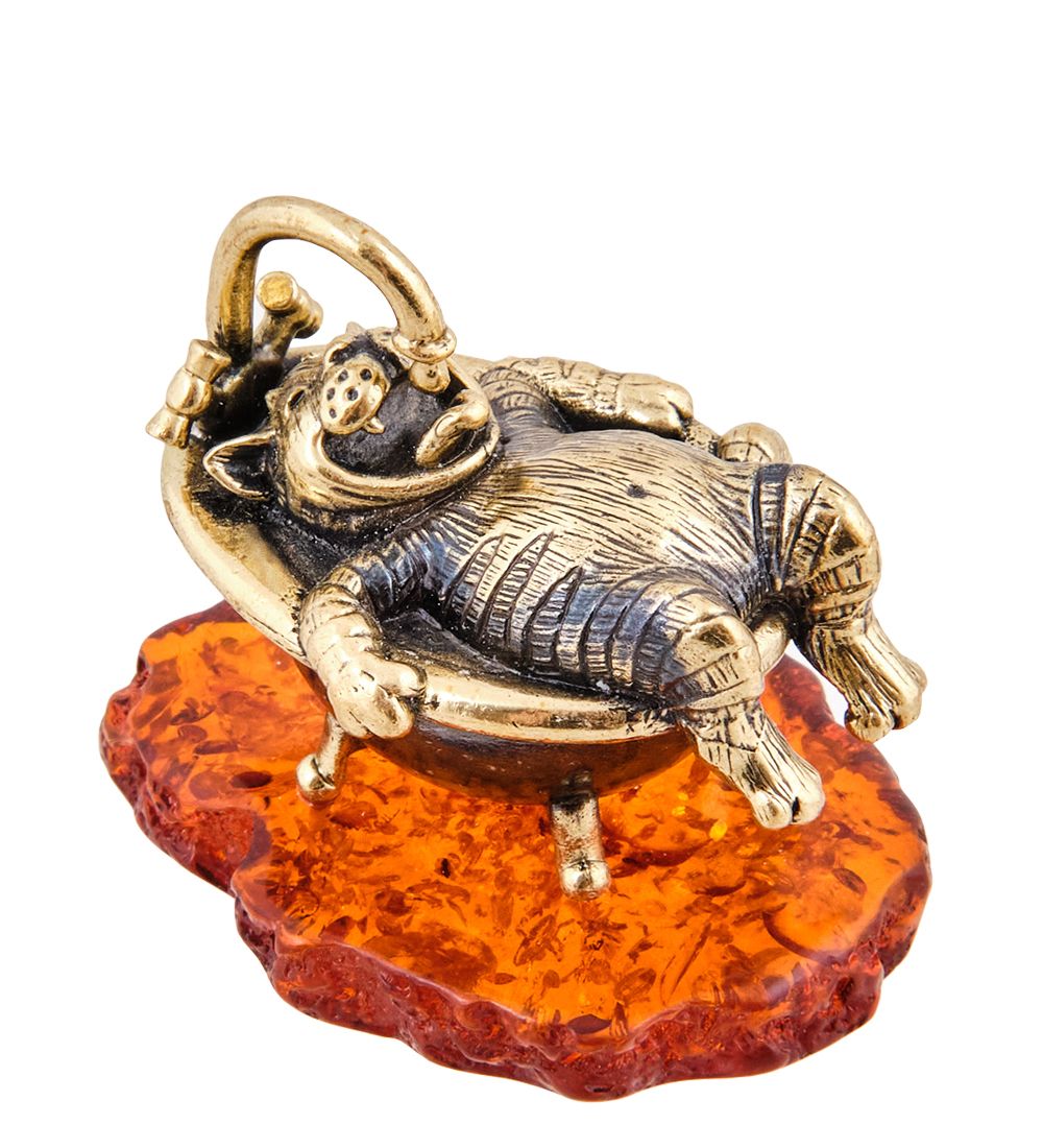 Народные промыслы AM-3805 Фигурка «Кот - Я счастлив» (латунь, янтарь)