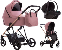 Детская коляска Bebetto Yoddi Premium Class 3 в 1 с автокреслом Avionaut Cosmo 05 розовая кожа рама бронза