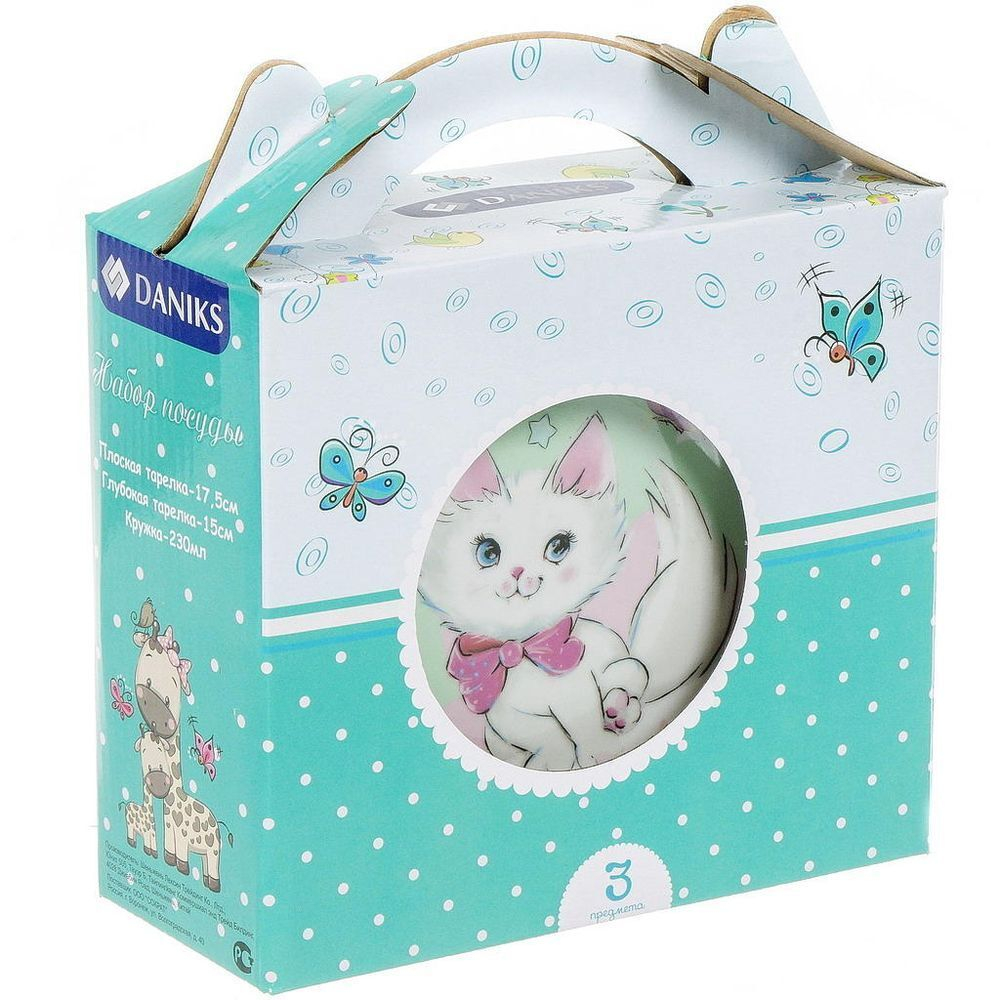 Набор посуды керам, 3 шт, Котик, тар 17.5см,сал 15см,круж 230мл, Daniks, C655