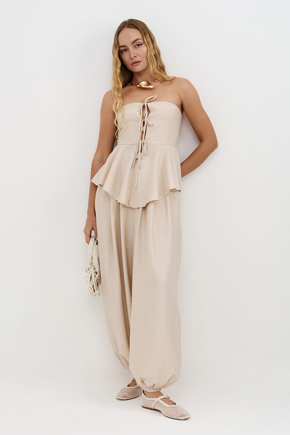 Брюки алладины из вискозы жемчужного цвета