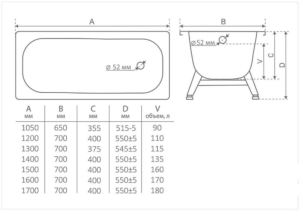 Стальная ванна ВИЗ Antika 170x70 с опорной подставкой ОР-01200 (А-70001)