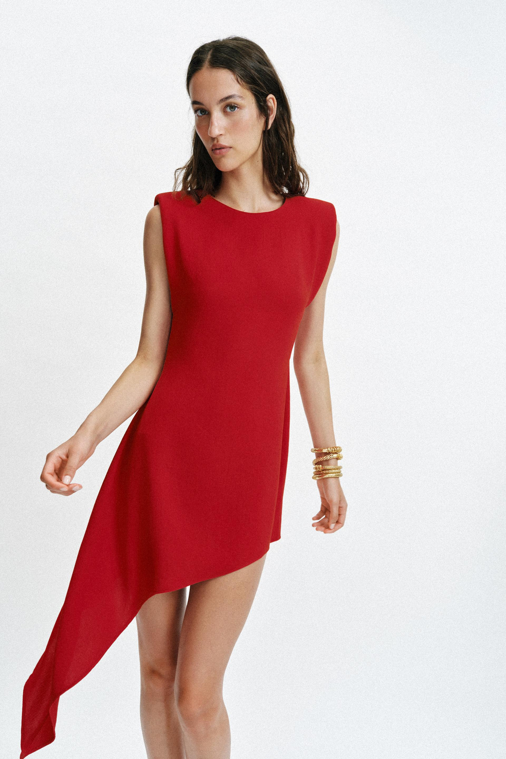 ZARA КОРОТКОЕ АСИММЕТРИЧНОЕ ПЛАТЬЕ С ПОДПЛЕЧНИКАМИ, КРАСНЫЙ