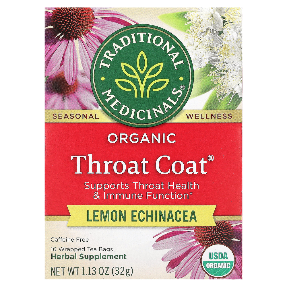 Traditional Medicinals, Organic Throat Cover®, лимон и эхинацея, без кофеина, 16 чайных пакетиков, 32 г (1,13 унции)