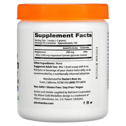 Doctor's Best, магний с высокой усвояемостью в виде порошка, 200 г (7,1 унции)