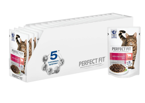 Влажный корм Perfect Fit для взрослых кошек, с говядиной в соусе, 28 шт x 75 г