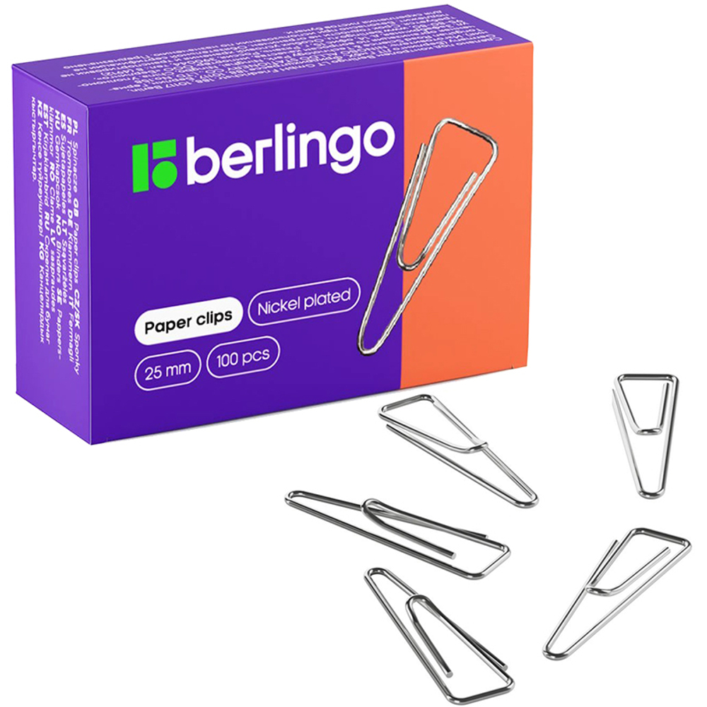 Скрепки BERLINGO 25 мм, никелированные, треугольные, 100 шт/упак