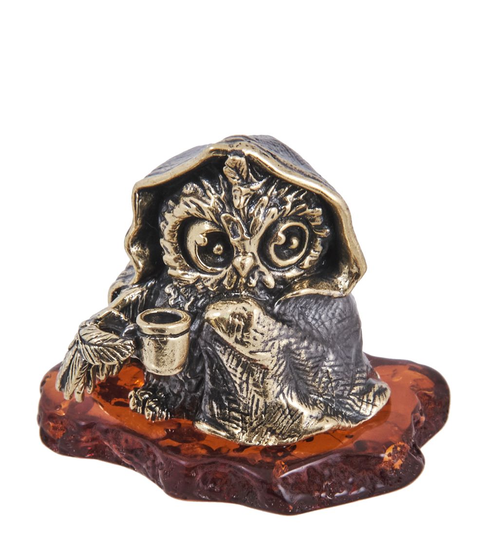 Народные промыслы AM-4021 Фигурка «Птица Сова Мерзляка» (латунь, янтарь)
