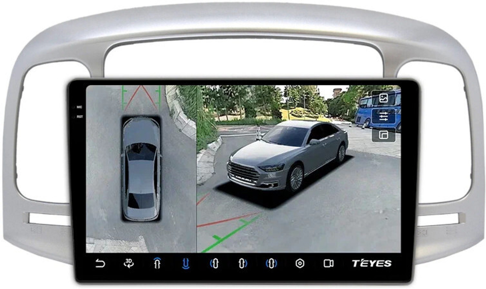 Магнитола для Hyundai Verna 2006-2010 (рамка серебро) - Teyes CC3-2K-360 на Android 10, 2K QLED, 6Гб+128Гб, CarPlay, 4G SIM-слот, 4 камеры в комплекте