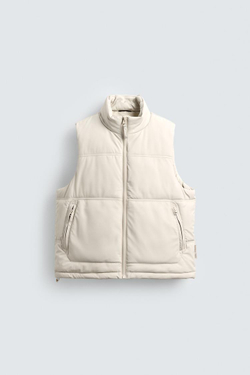 ZARA ПРОРЕЗИНЕННЫЙ СТЕГАНЫЙ ЖИЛЕТ, ЖЕЛТОВАТО-БЕЛЫЙ