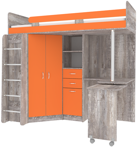 Кровать-чердак КарИВи Юниор 3 с металлической лестницей Бетон Оранжевый