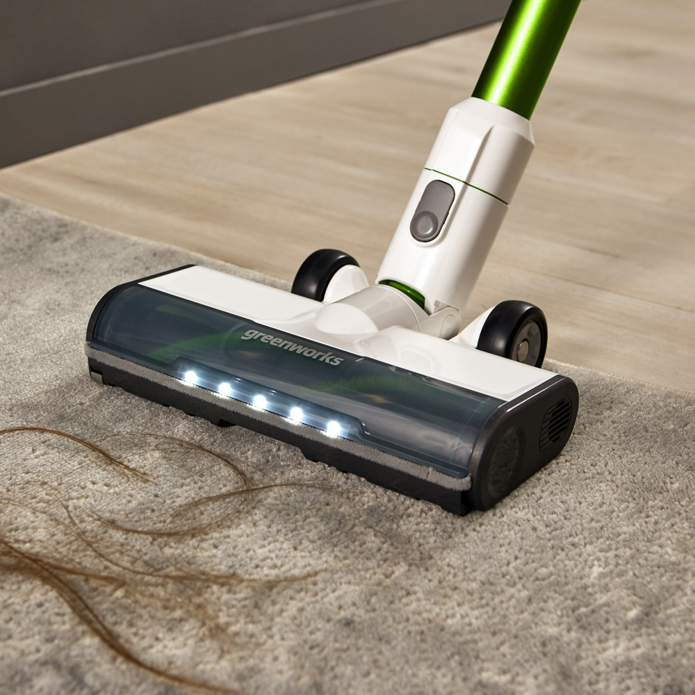 Пылесос вертикальный акк. Greenworks SV24532, 24V, б/щет, 350 Вт, 21 кПа, электрощетка, 3 насадки, LED, белый+зеленый, 1х4Ач и ЗУ (4702007UB)