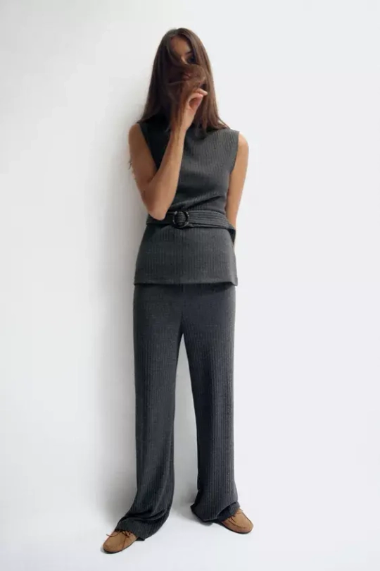 ZARA ТОП В РУБЧИК С ПОЯСОМ, СЕРЫЙ С МЕЛАНЖЕВЫМ ЭФФЕКТОМ