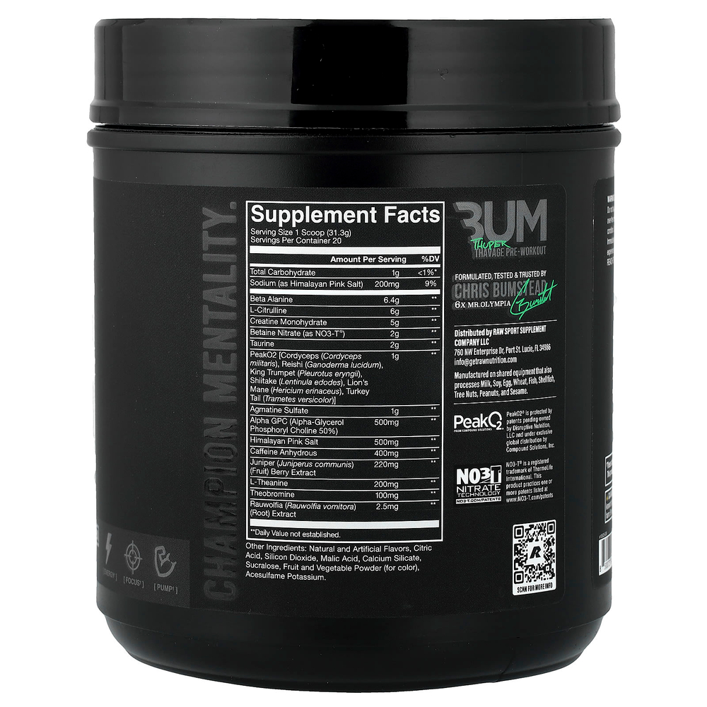 Raw Nutrition, Bum, Tuper Tavage, предтренировочный комплекс, со вкусом арбуза и винограда, 626 г (22,08 унции)