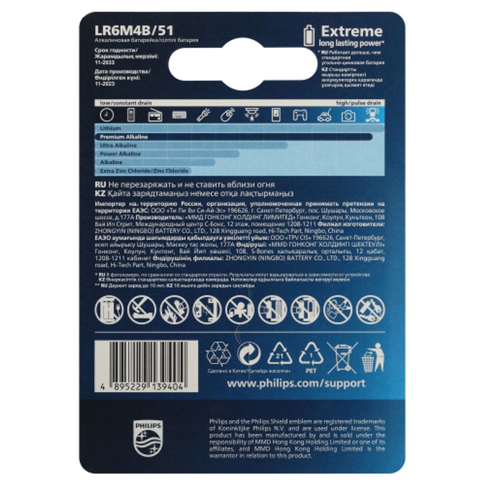 Батарейки Philips LR6M4B/51 АА алкалиновые 1,5v 4 шт. LR6-4BL Premium (4/48/144/17280)