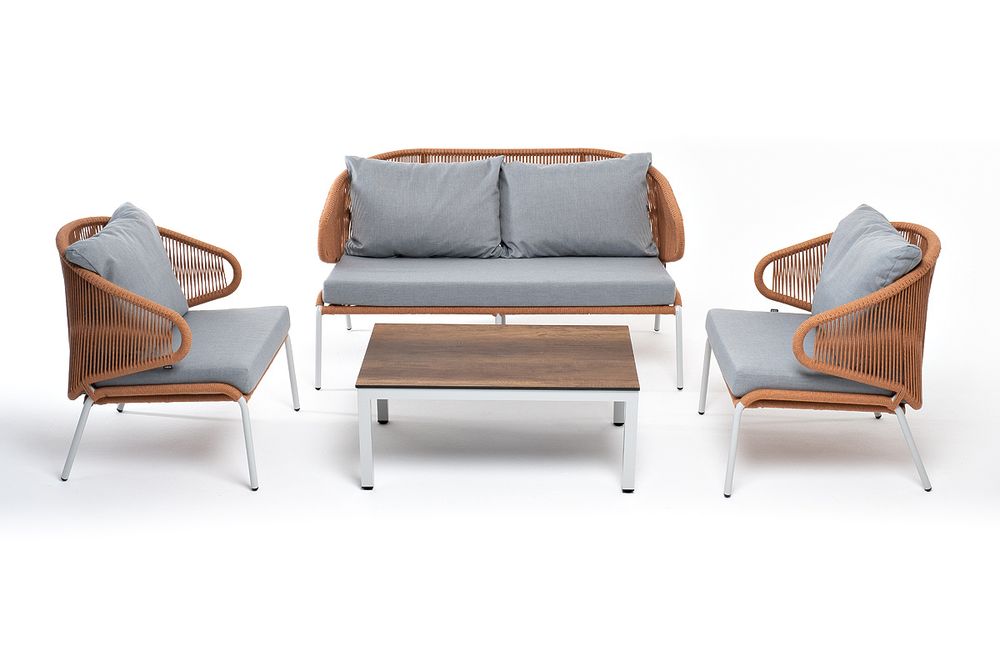 "Милан" лаунж-зона 4-местная плетеная из роупа (веревки), каркас алюминиевый светло-серый, роуп оранжевый меланж