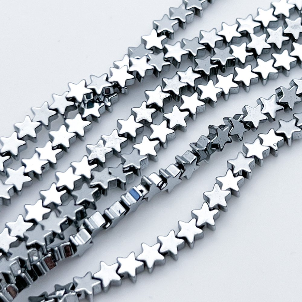 Гематит Звезда бусины (имитация), цвет серебристый, размер около 4 мм, цена за отрезок 19 см (1/2 нити)