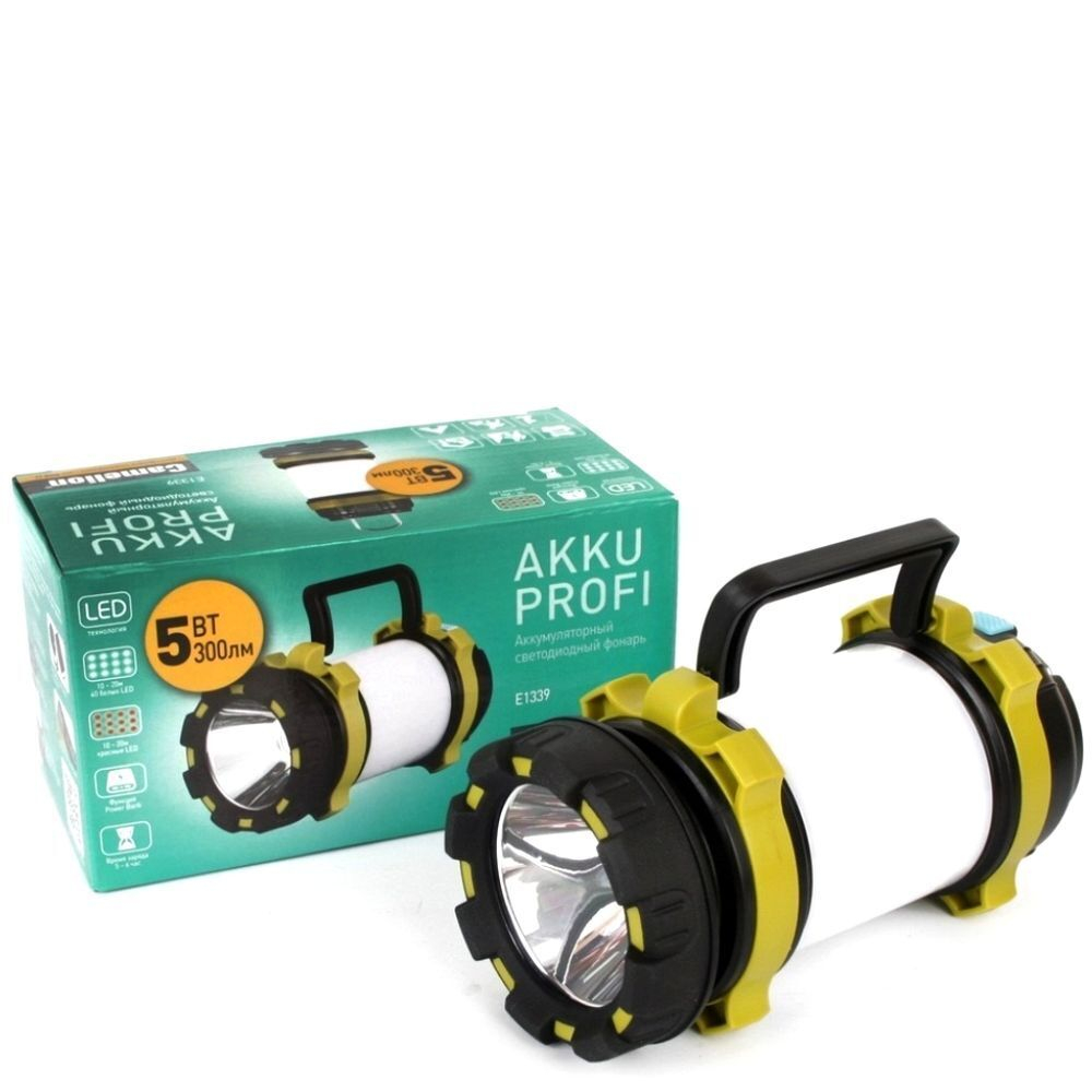 Фонарь ручной, встр акк, прожект, Camelion, E1339, пластик, чер-зел, 14258